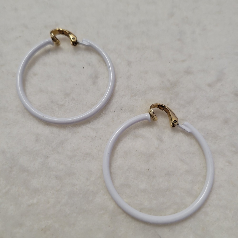 Vintage L H SEGAL California Signed White Enamel Clip On Hoop Earrings 1.25"